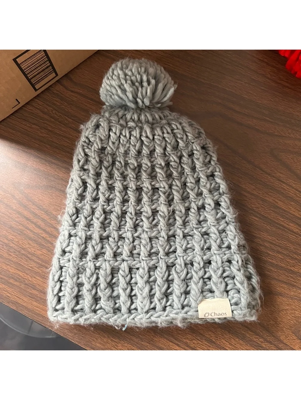 Blue Gray Knit Pom Pom Beanie Hat